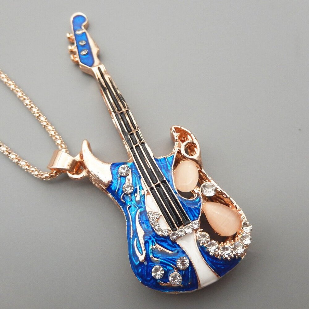 Music Lovers! Electric GUITAR Blue & White Enamel & Rhinestone Pendant Necklace
